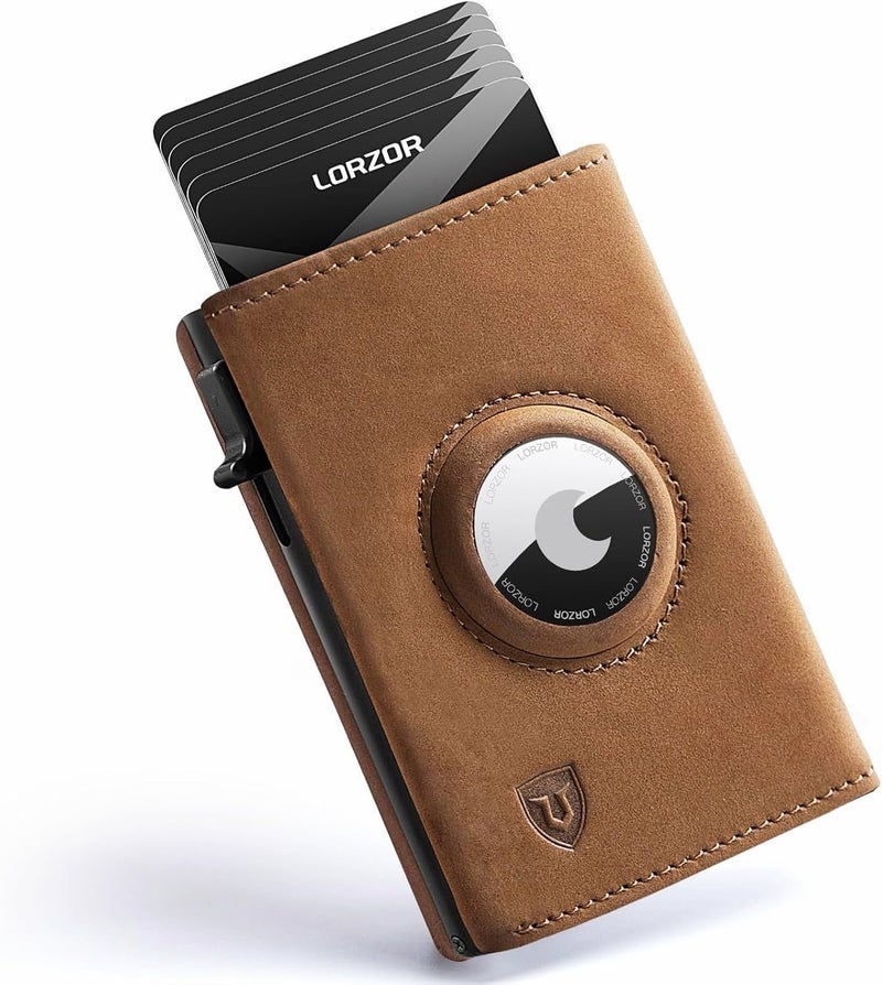 LORZOR AirTag Wallet - Full Grain Leather, Mens Minimalist Wallet with Apple Air Tag Holder, Slim Smart Pop up Card Case, ID Window, RFID Blocking, Front Pocket (AirTag Not Included) - Image 1
